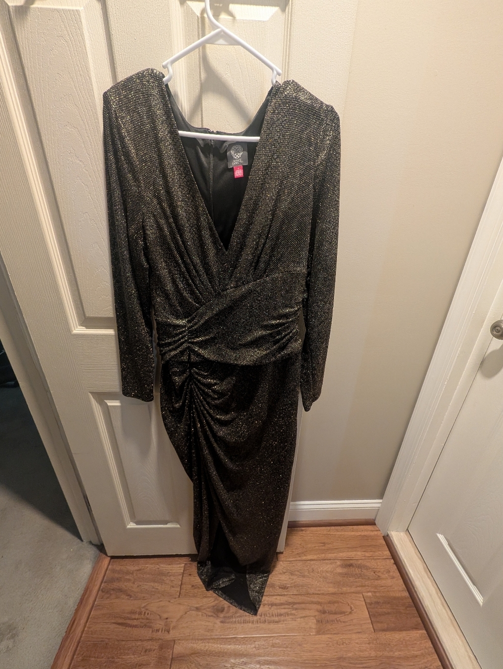 Vince Camuto Black with Gold Lurex Long-Sleeve Ruched V-Neck Dress
